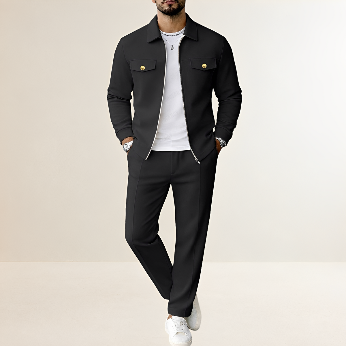 Conjunto masculino - Jaqueta com fechamento de zíper e bolsos no peito calça com cintura elástica e cordão interno ajustável