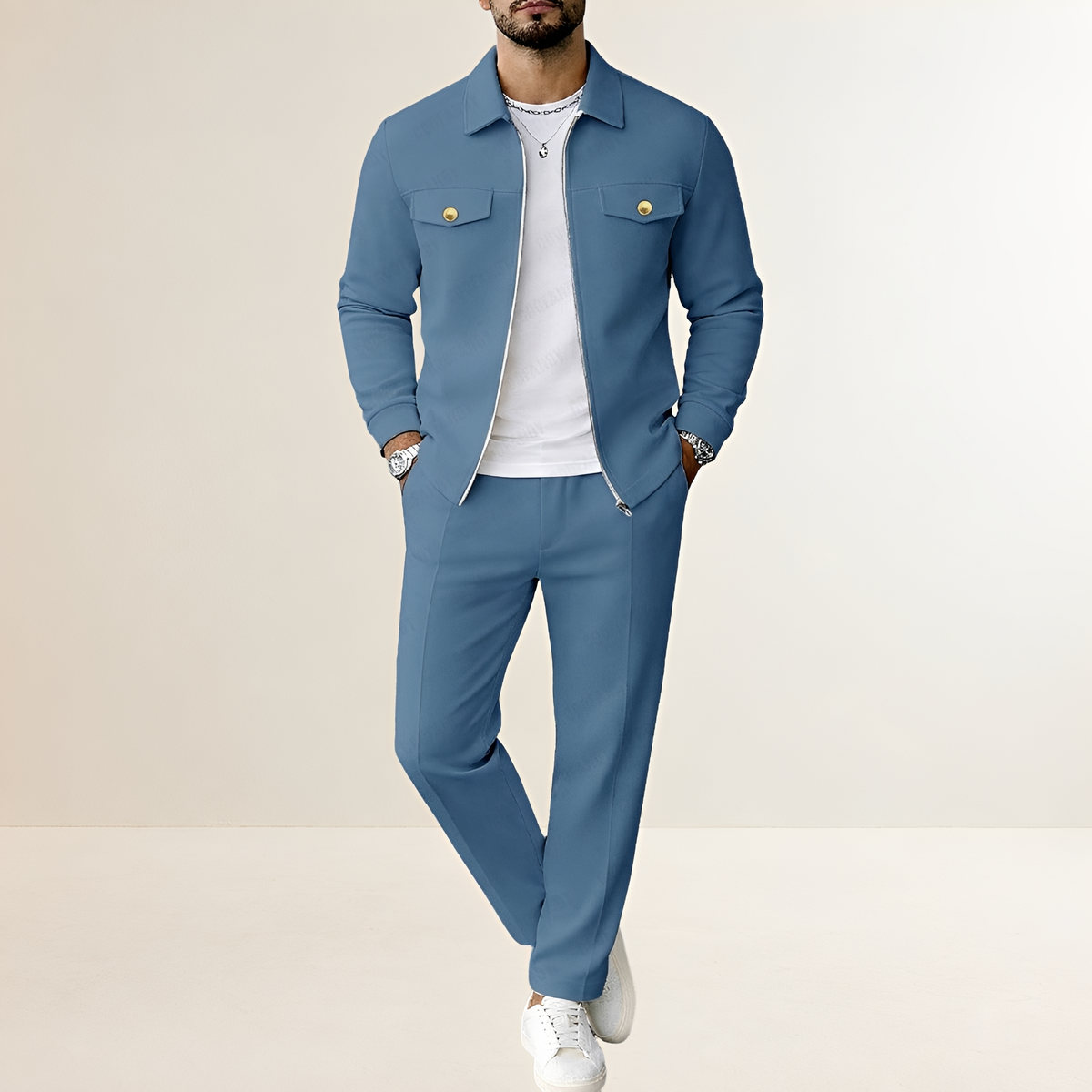 Conjunto masculino - Jaqueta com fechamento de zíper e bolsos no peito calça com cintura elástica e cordão interno ajustável