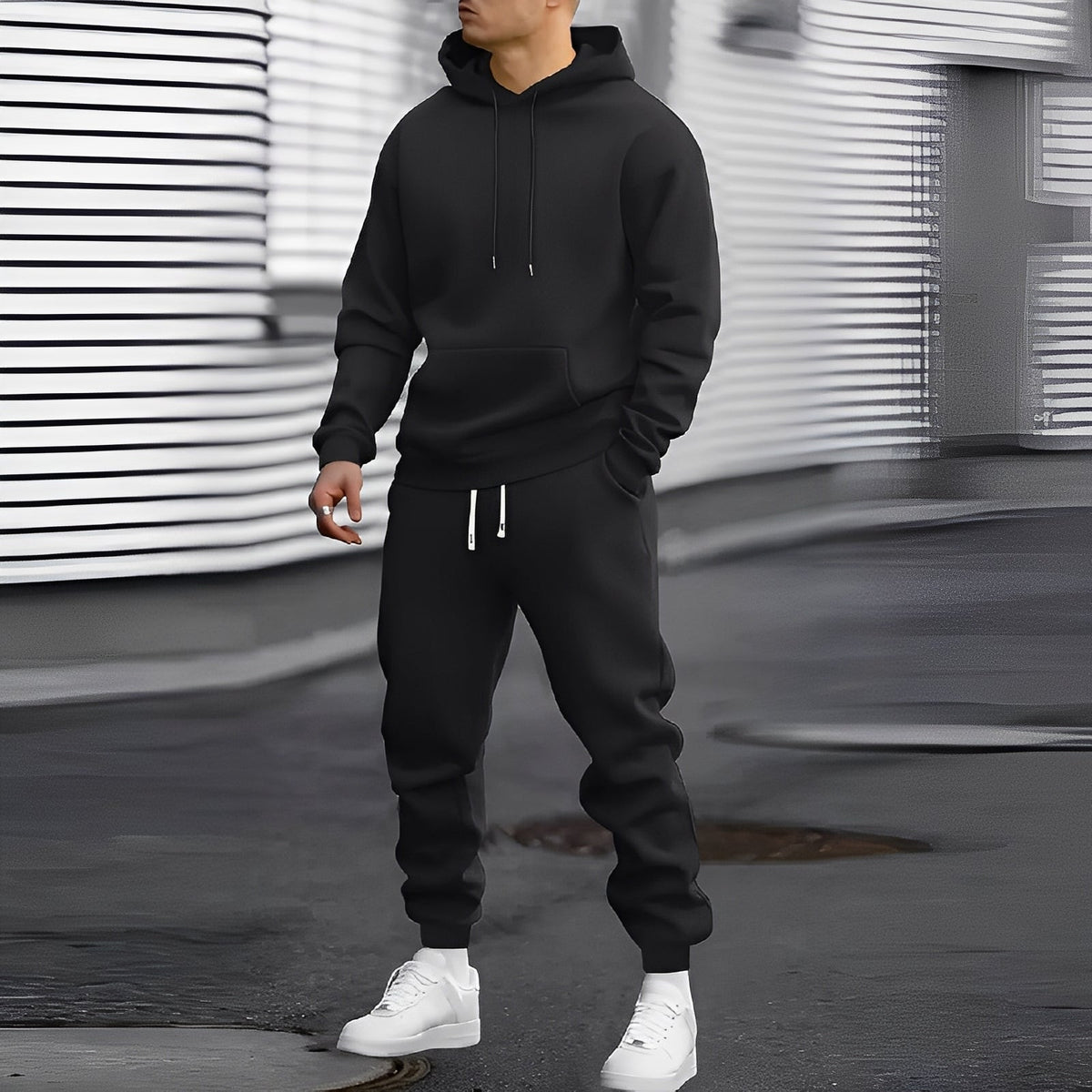 Conjunto masculino moletom e jogger com capuz, bolso canguru e caimento relaxado