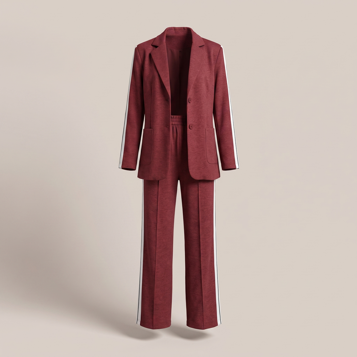 Conjunto social feminino de blazer e calça wide com risca lateral