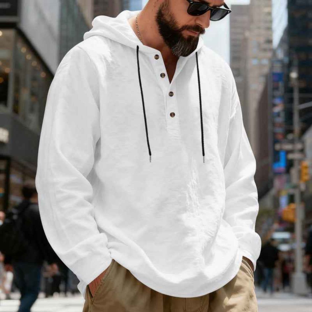 Homem Camiseta com Capuz Henley com Abertura de 3 Botões Manga Longa - Casaco casual com capuz ajustável