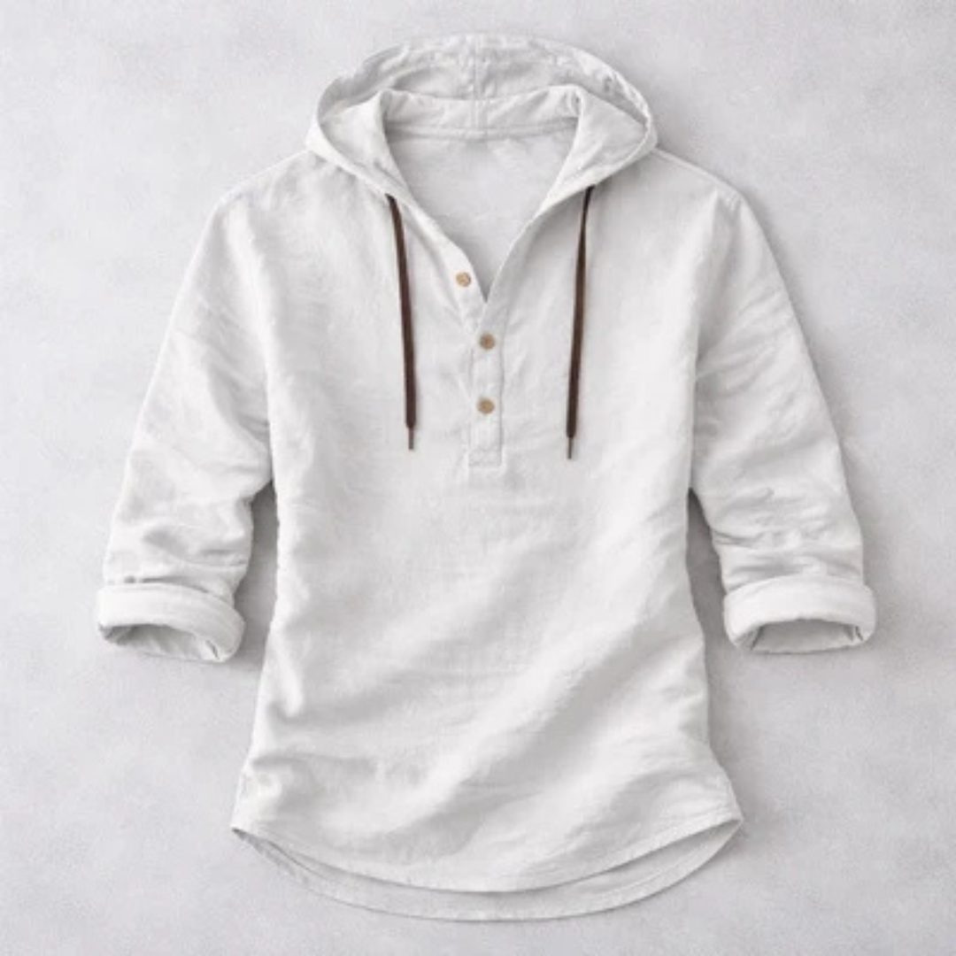 Homem Camiseta com Capuz Henley com Abertura de 3 Botões Manga Longa - Casaco casual com capuz ajustável