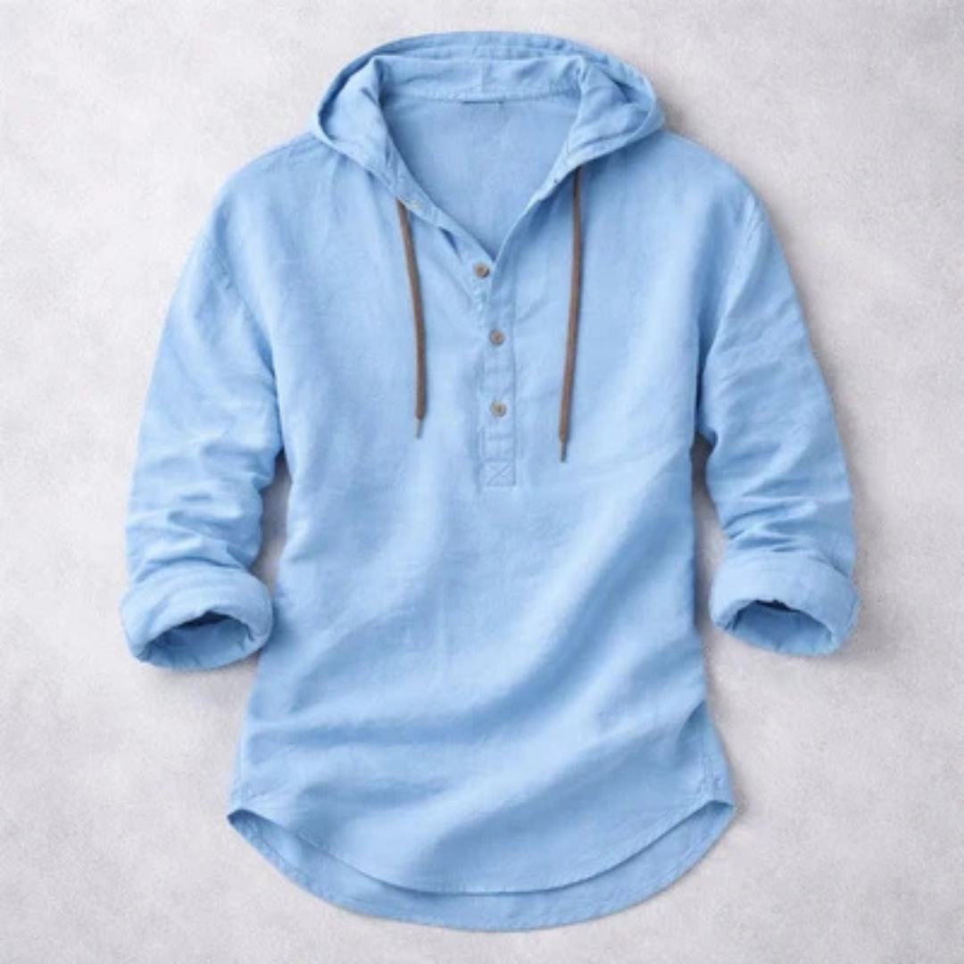 Homem Camiseta com Capuz Henley com Abertura de 3 Botões Manga Longa - Casaco casual com capuz ajustável
