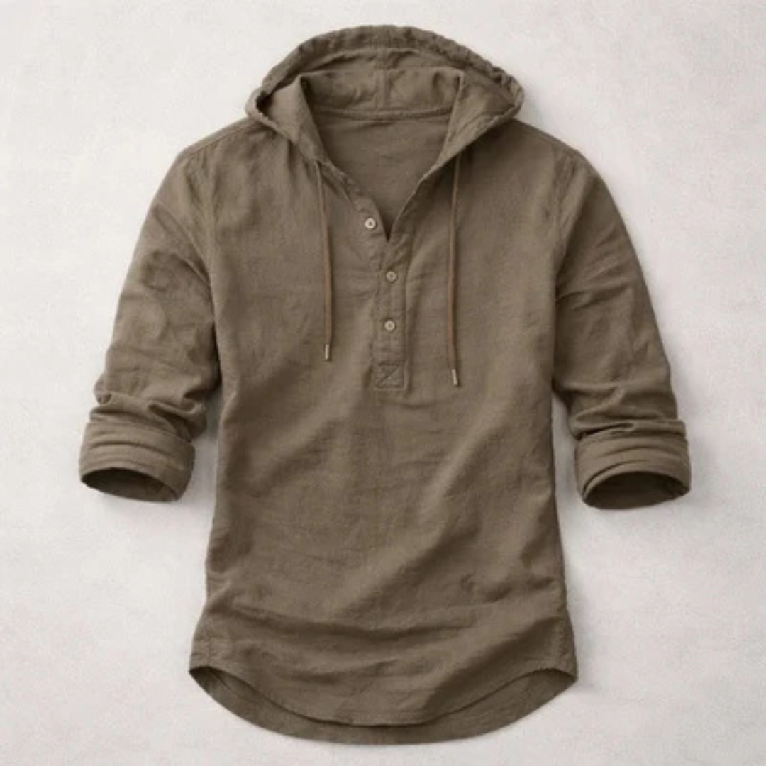 Homem Camiseta com Capuz Henley com Abertura de 3 Botões Manga Longa - Casaco casual com capuz ajustável