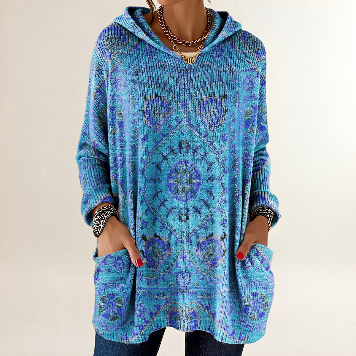 Hoodie Feminino Blusão Casaco Pulôver com Capuz - Poncho/Comprimento Tunic Regional com Bolso Frontal