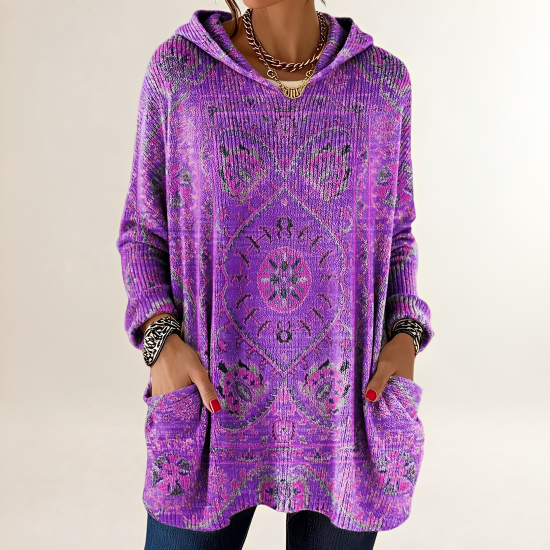 Hoodie Feminino Blusão Casaco Pulôver com Capuz - Poncho/Comprimento Tunic Regional com Bolso Frontal