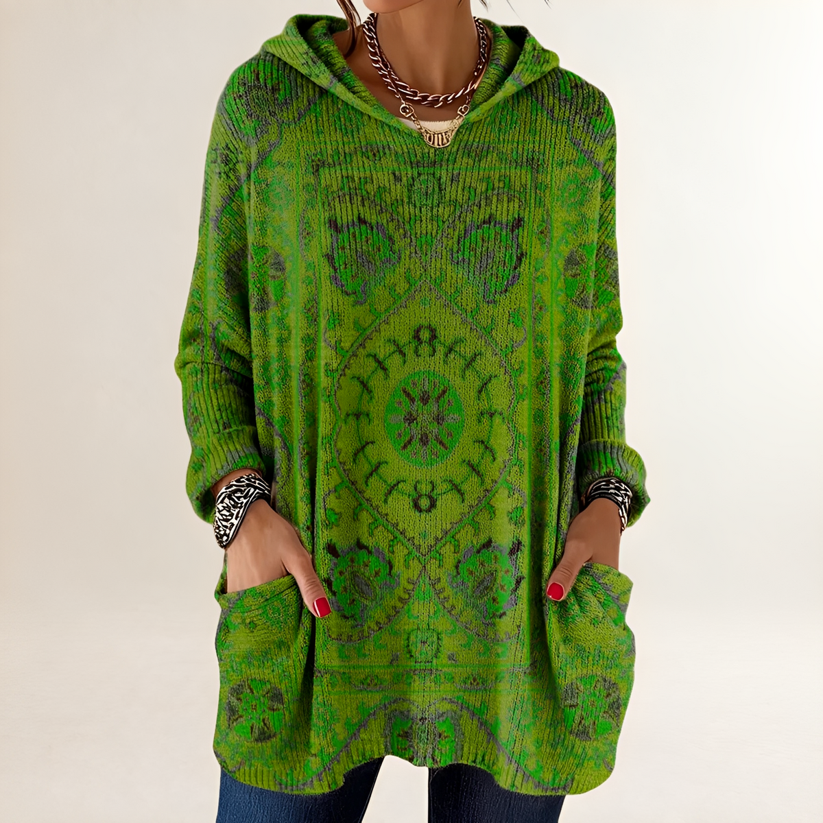 Hoodie Feminino Blusão Casaco Pulôver com Capuz - Poncho/Comprimento Tunic Regional com Bolso Frontal