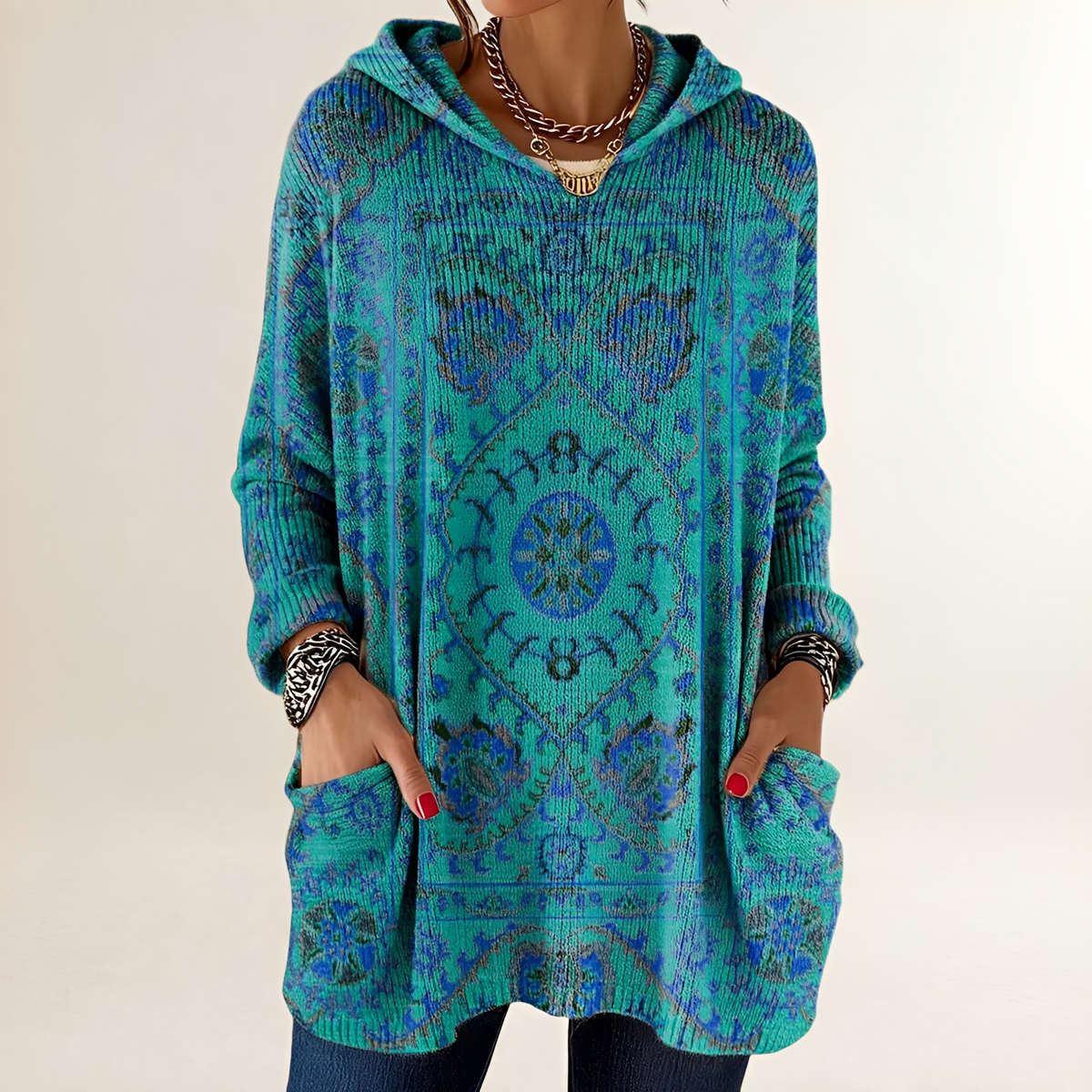 Hoodie Feminino Blusão Casaco Pulôver com Capuz - Poncho/Comprimento Tunic Regional com Bolso Frontal