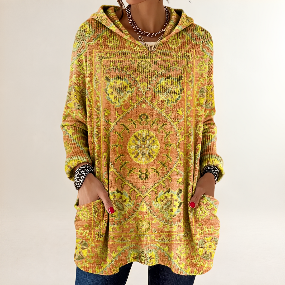 Hoodie Feminino Blusão Casaco Pulôver com Capuz - Poncho/Comprimento Tunic Regional com Bolso Frontal