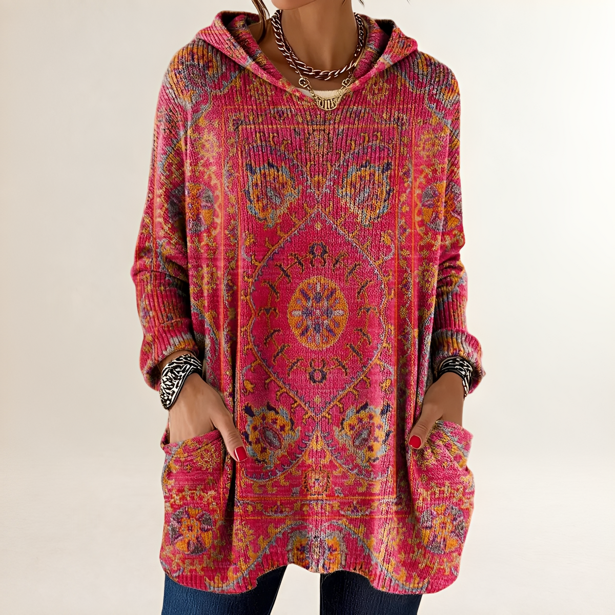 Hoodie Feminino Blusão Casaco Pulôver com Capuz - Poncho/Comprimento Tunic Regional com Bolso Frontal