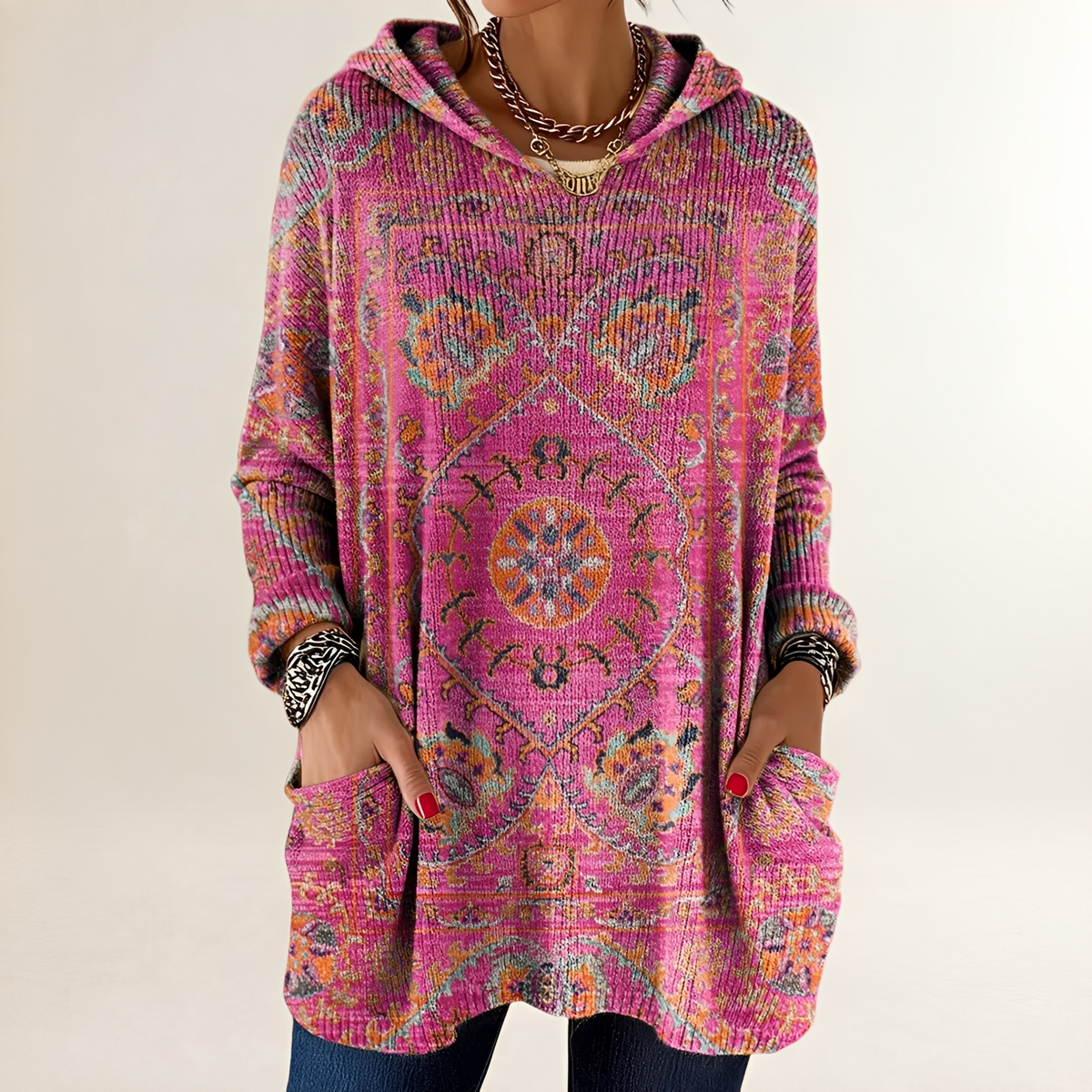 Hoodie Feminino Blusão Casaco Pulôver com Capuz - Poncho/Comprimento Tunic Regional com Bolso Frontal