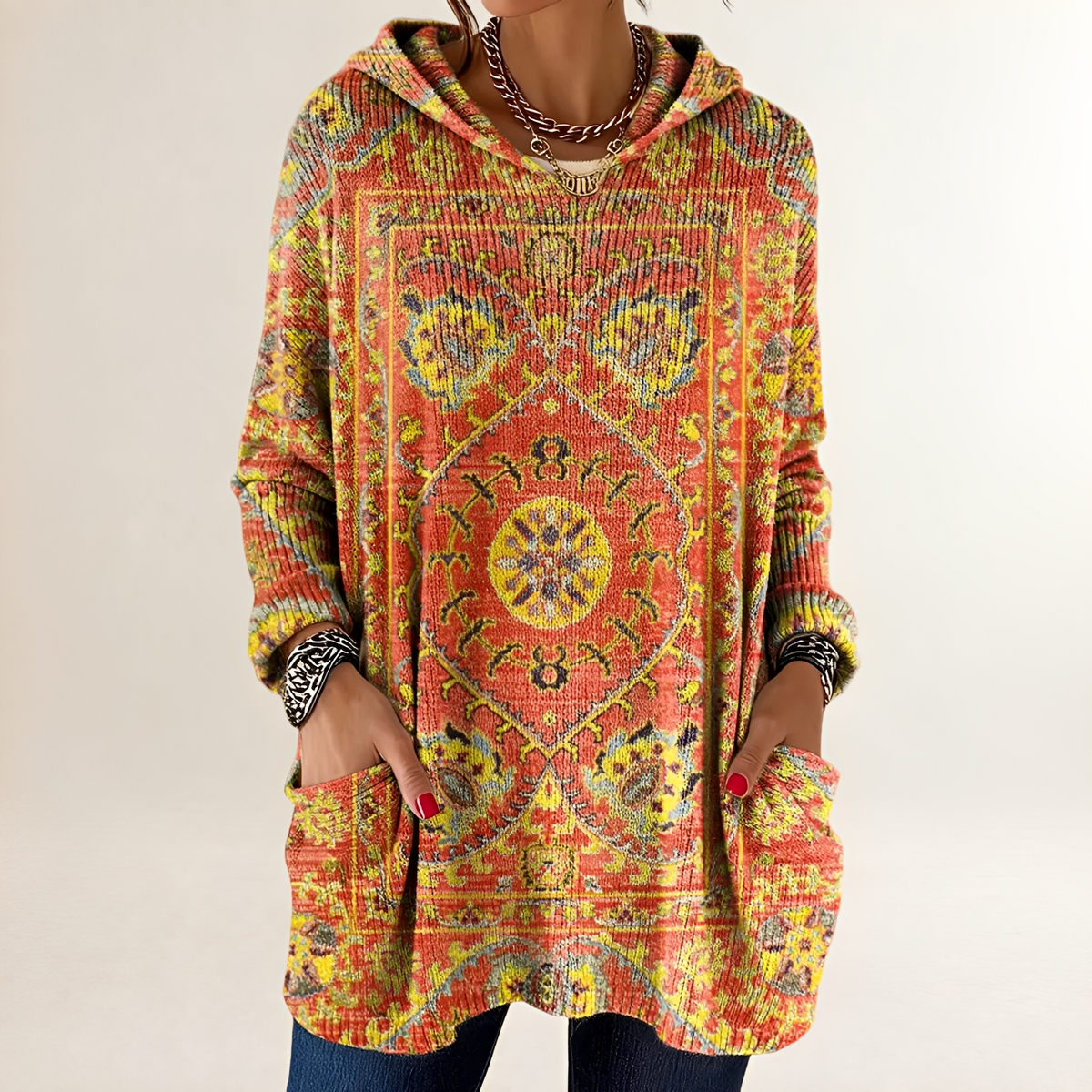 Hoodie Feminino Blusão Casaco Pulôver com Capuz - Poncho/Comprimento Tunic Regional com Bolso Frontal