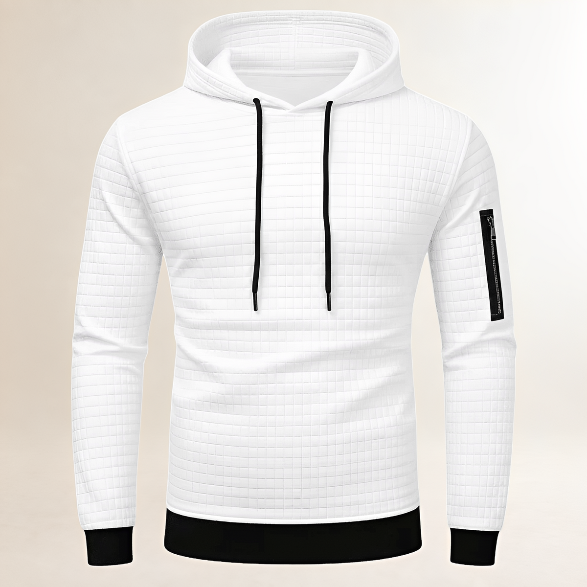 Hoodie masculino slim-fit com textura quadriculada, capuz com cordão, bolso externo na manga e bolso canguru