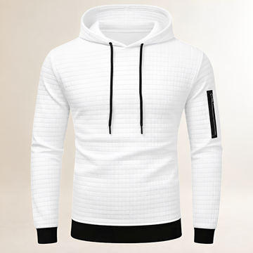 Hoodie masculino slim-fit com textura quadriculada, capuz com cordão, bolso externo na manga e bolso canguru