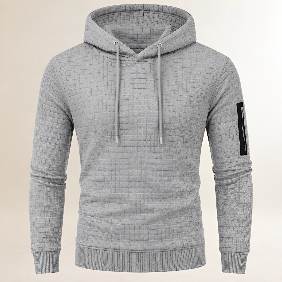 Hoodie masculino slim-fit com textura quadriculada, capuz com cordão, bolso externo na manga e bolso canguru