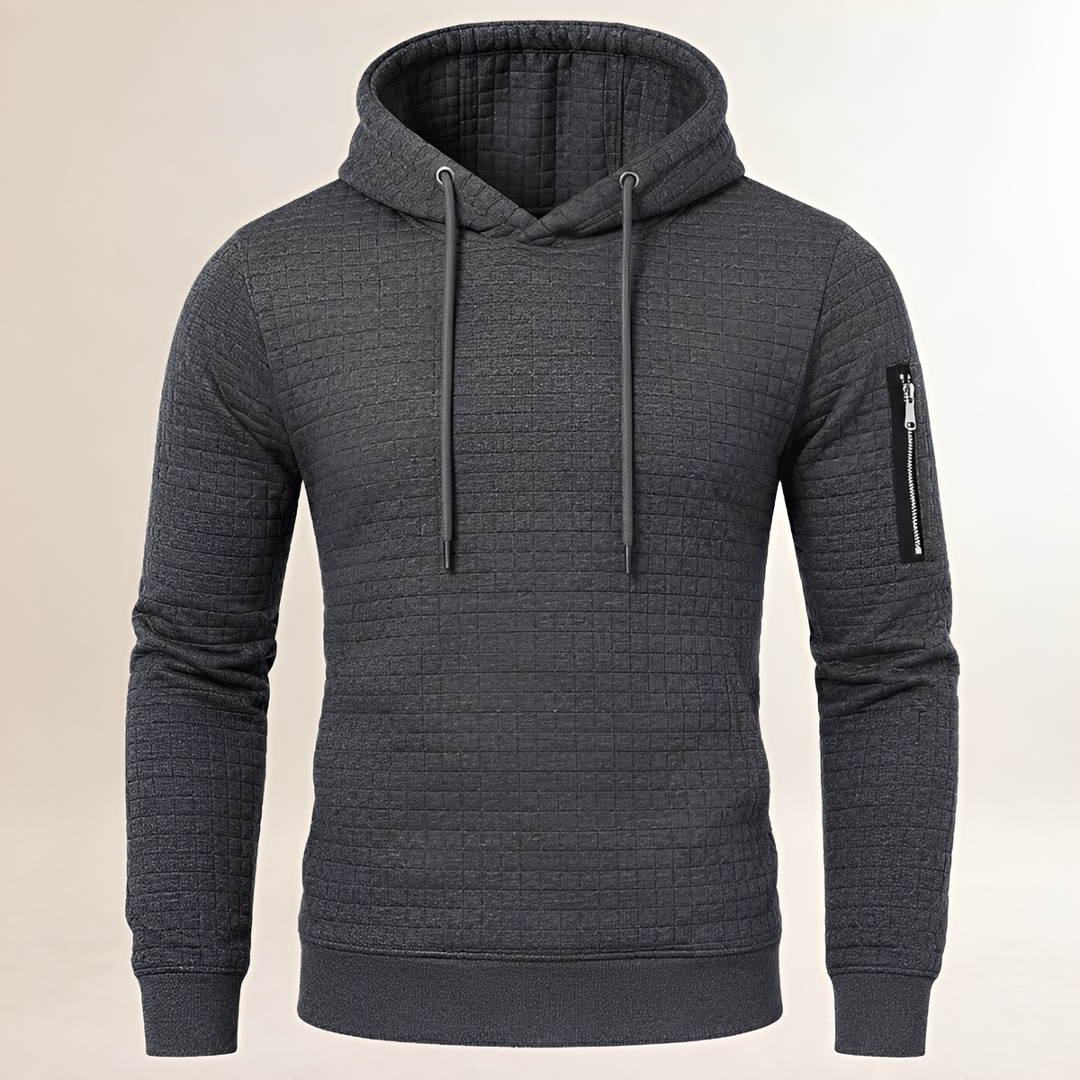 Hoodie masculino slim-fit com textura quadriculada, capuz com cordão, bolso externo na manga e bolso canguru