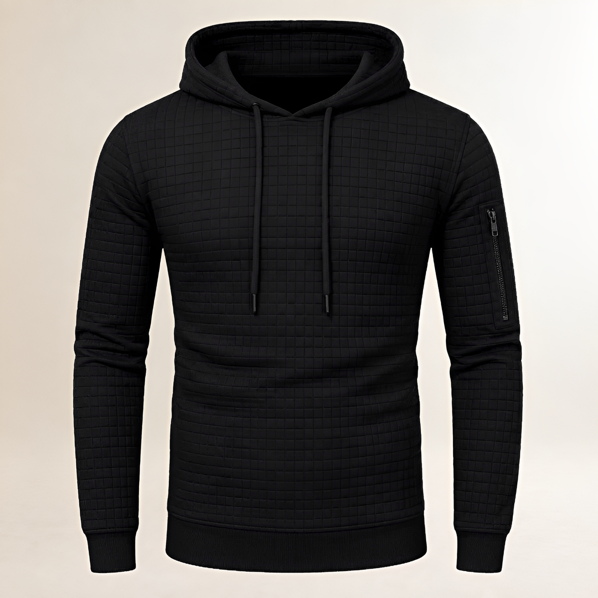Hoodie masculino slim-fit com textura quadriculada, capuz com cordão, bolso externo na manga e bolso canguru
