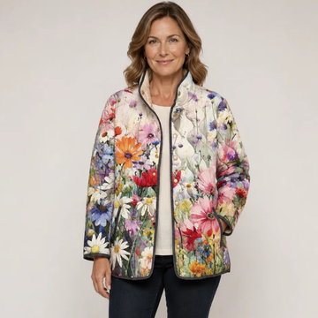 Jaqueta acolchoada feminina com zíper frontal estampas, comprimento até o quadril, alças de bico com bolsos frontais