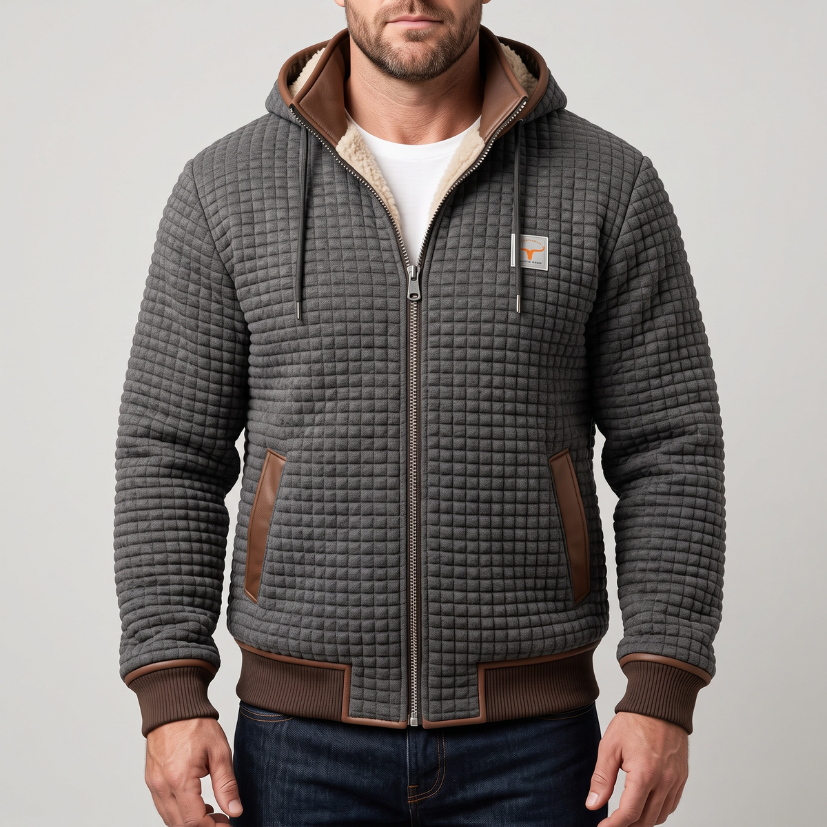 Jaqueta acolchoada masculina com capuz, fechamento de zíper e detalhe contrastante