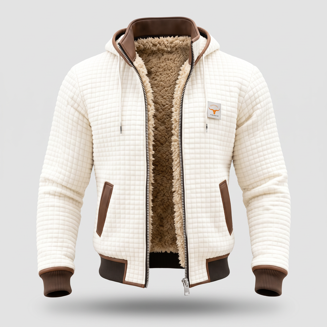 Jaqueta acolchoada masculina com capuz, fechamento de zíper e detalhe contrastante