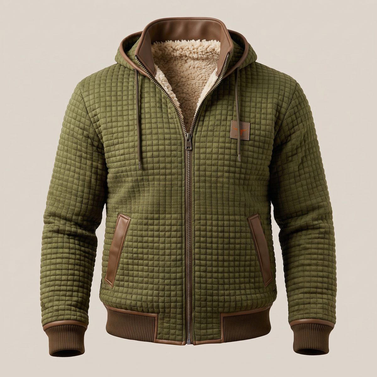 Jaqueta acolchoada masculina com capuz, fechamento de zíper e detalhe contrastante