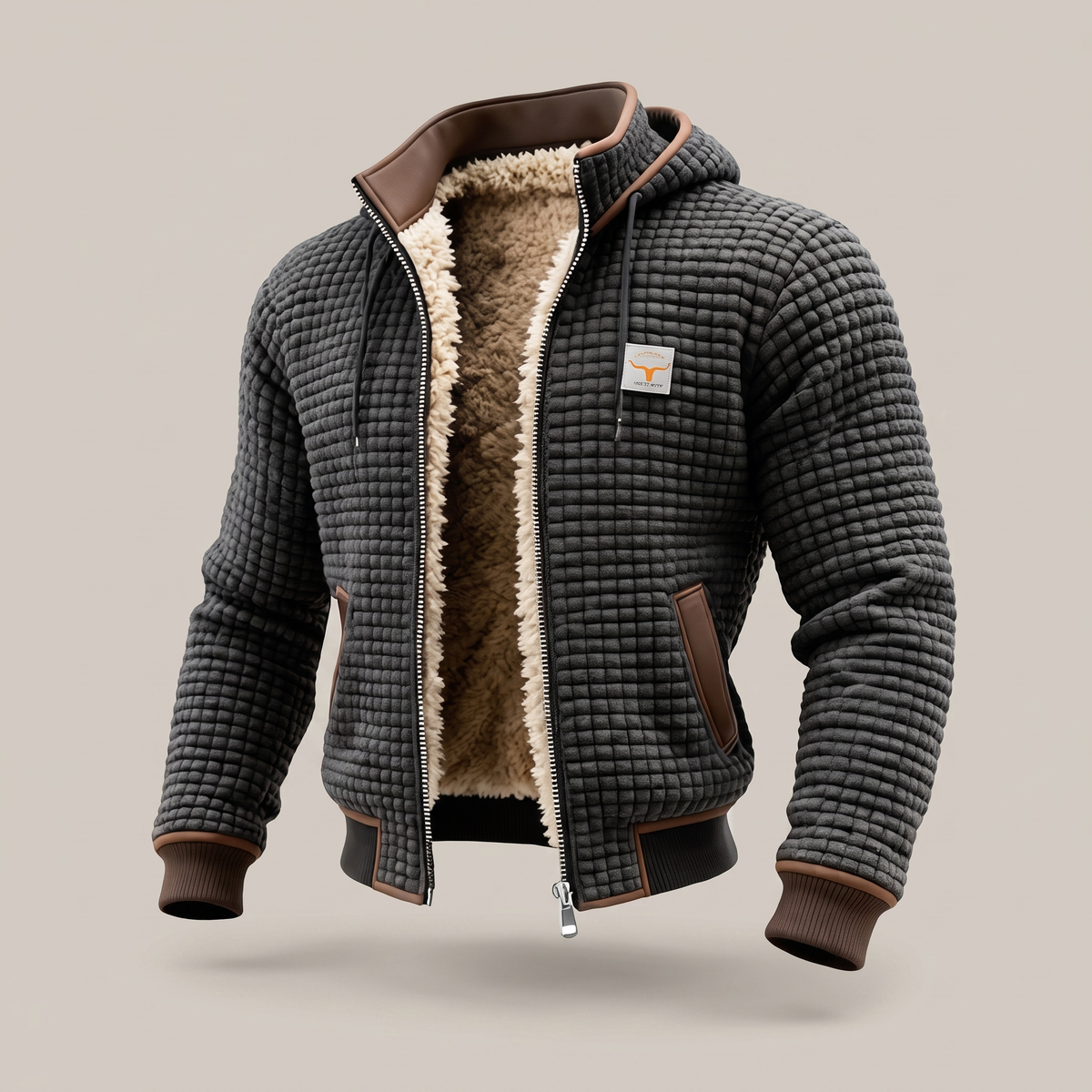 Jaqueta acolchoada masculina com capuz, fechamento de zíper e detalhe contrastante
