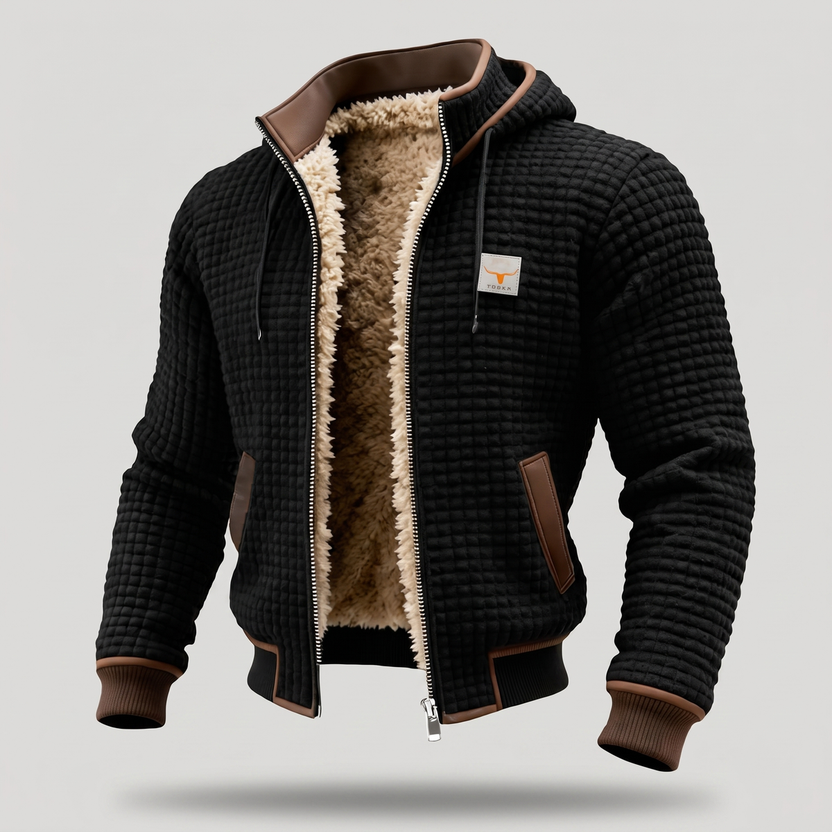 Jaqueta acolchoada masculina com capuz, fechamento de zíper e detalhe contrastante