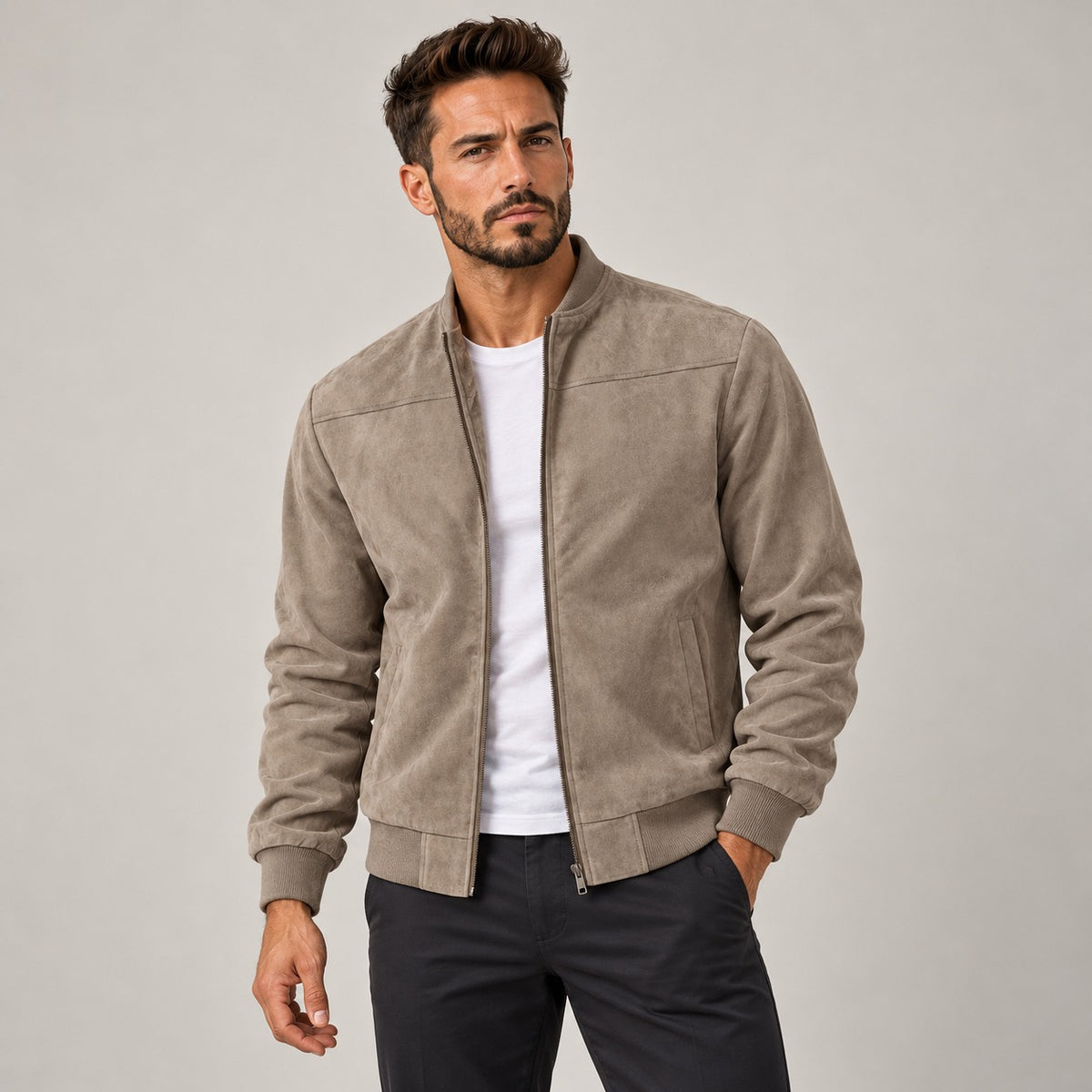 Jaqueta bomber masculina ajustada com fechamento de zíper e gola canelada