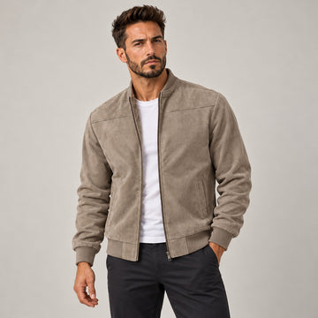 Jaqueta bomber masculina ajustada com fechamento de zíper e gola canelada
