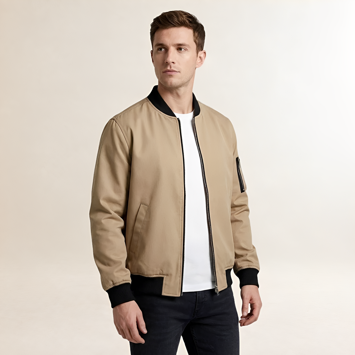 Jaqueta bomber masculina ajustada com fechamento de zíper e bolso no braço