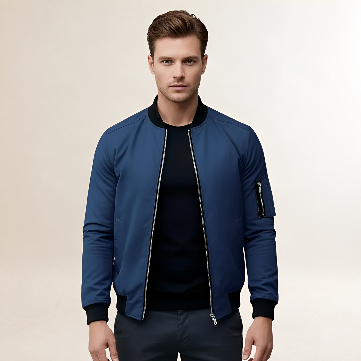 Jaqueta bomber masculina ajustada com fechamento de zíper e bolso no braço
