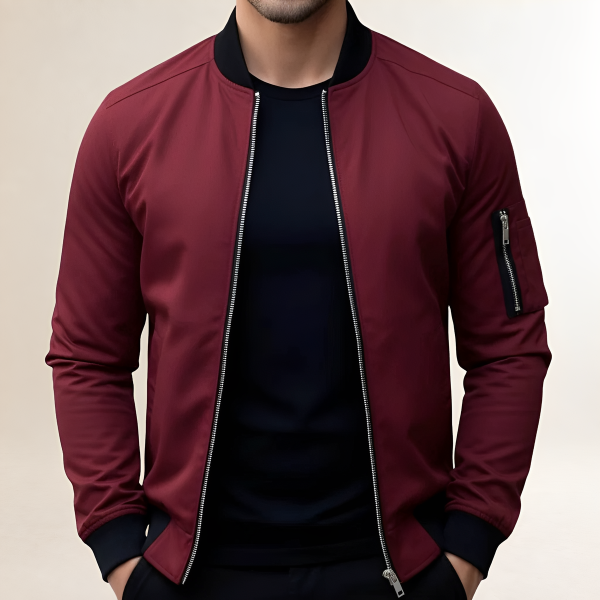 Jaqueta bomber masculina ajustada com fechamento de zíper e bolso no braço
