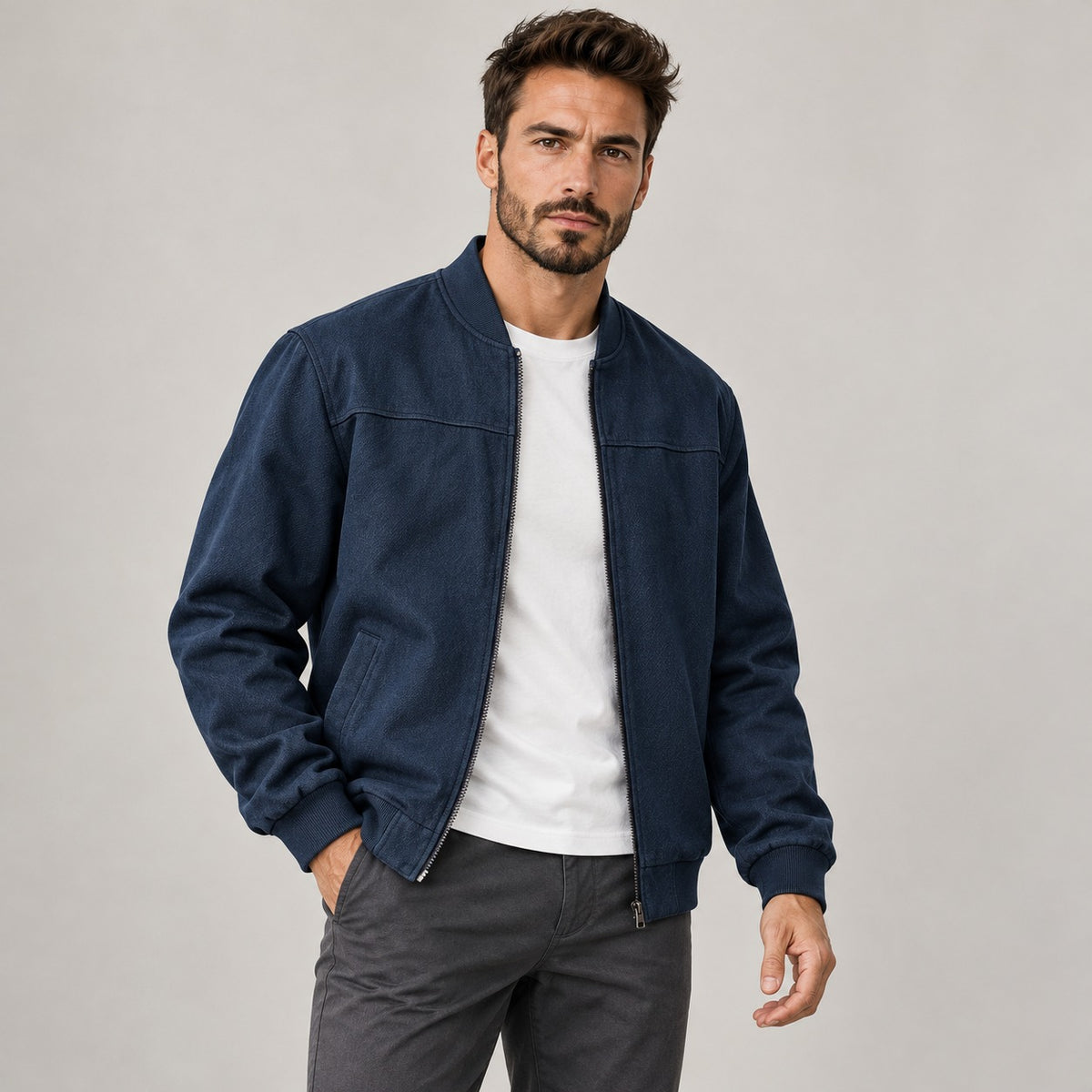 Jaqueta bomber masculina ajustada com fechamento de zíper e gola canelada