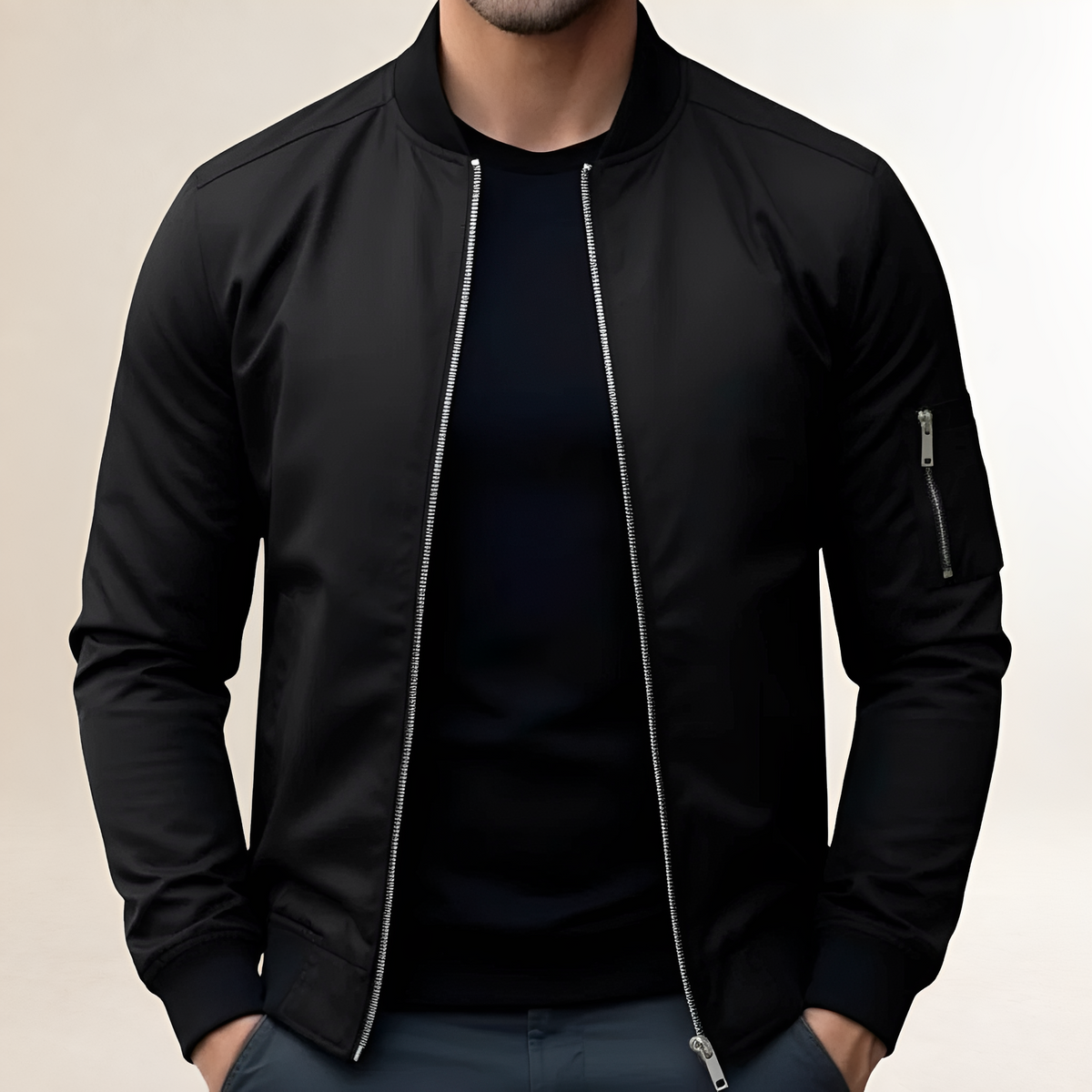 Jaqueta bomber masculina ajustada com fechamento de zíper e bolso no braço