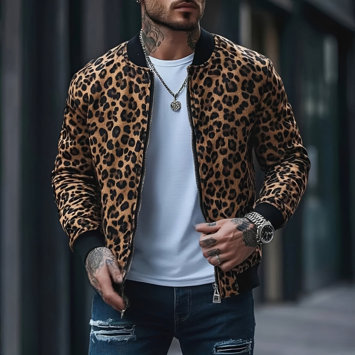 Jaqueta bomber masculina com estampa de leopardo e fechamento por zíper