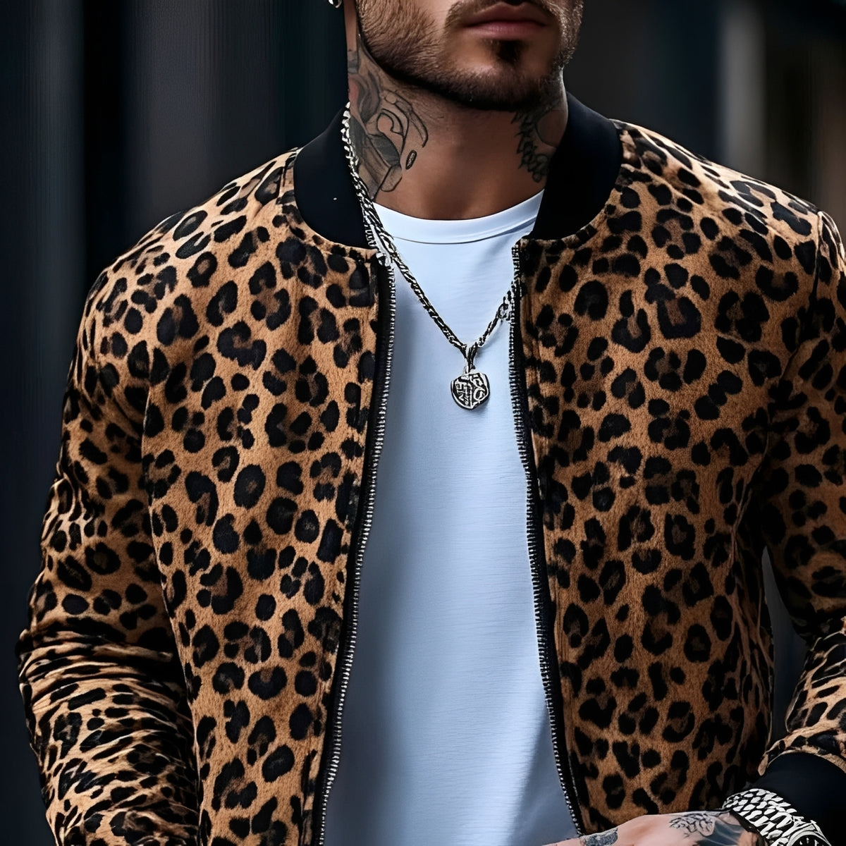 Jaqueta bomber masculina com estampa de leopardo e fechamento por zíper
