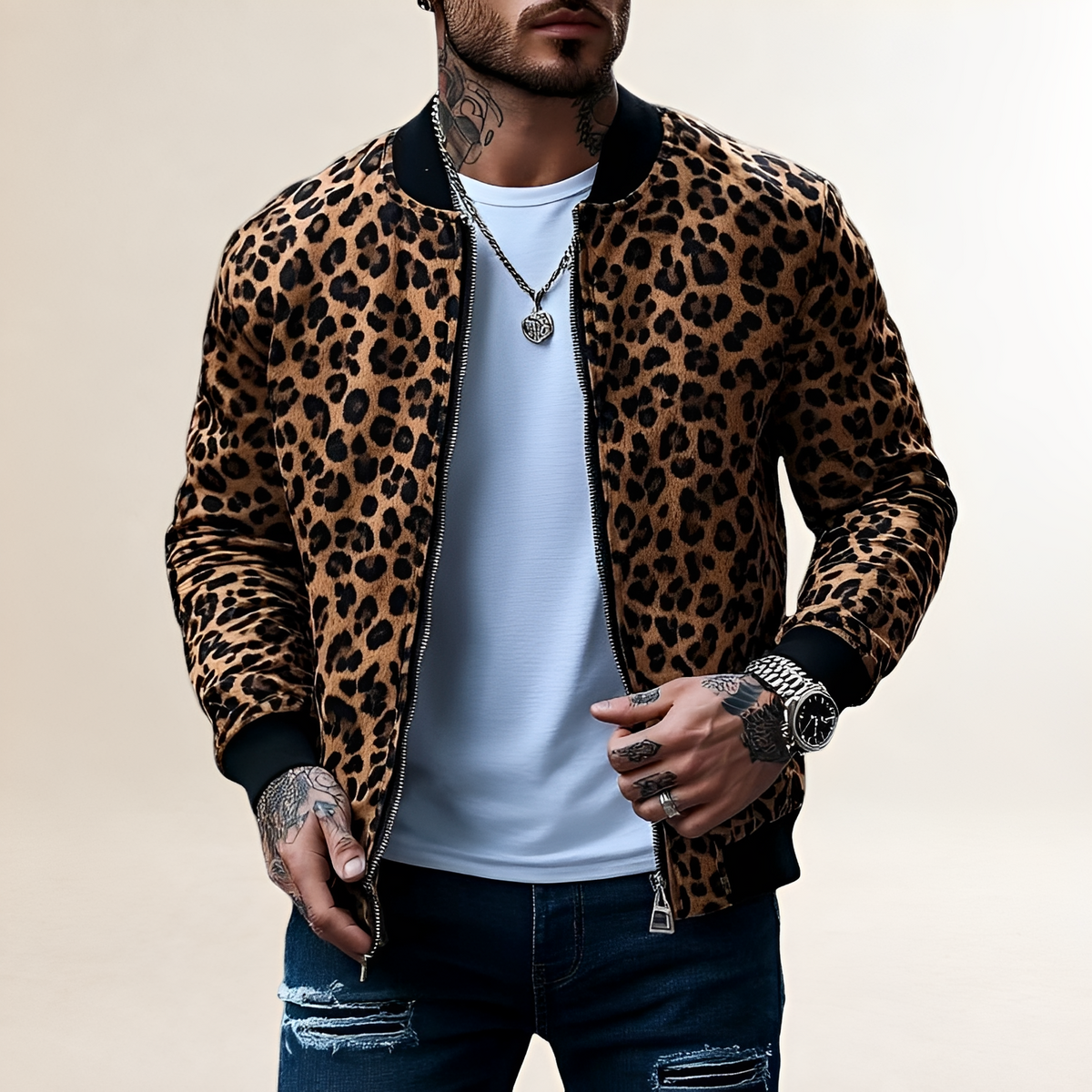 Jaqueta bomber masculina com estampa de leopardo e fechamento por zíper