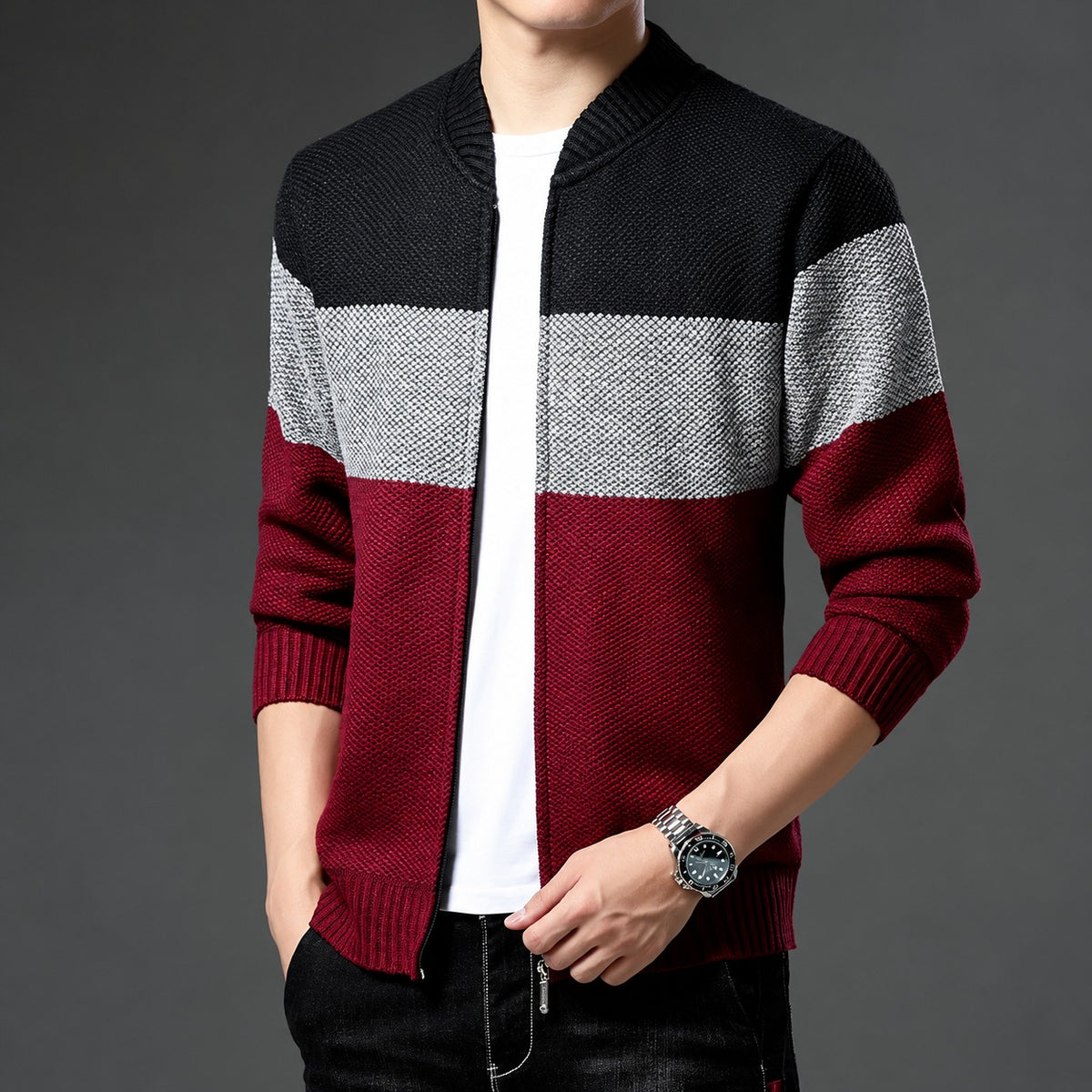 Jaqueta bomber masculina com fechamento de zíper e design color block