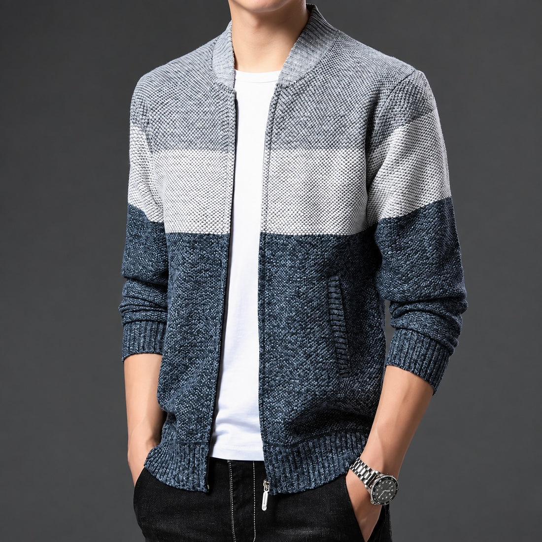 Jaqueta bomber masculina com fechamento de zíper e design color block