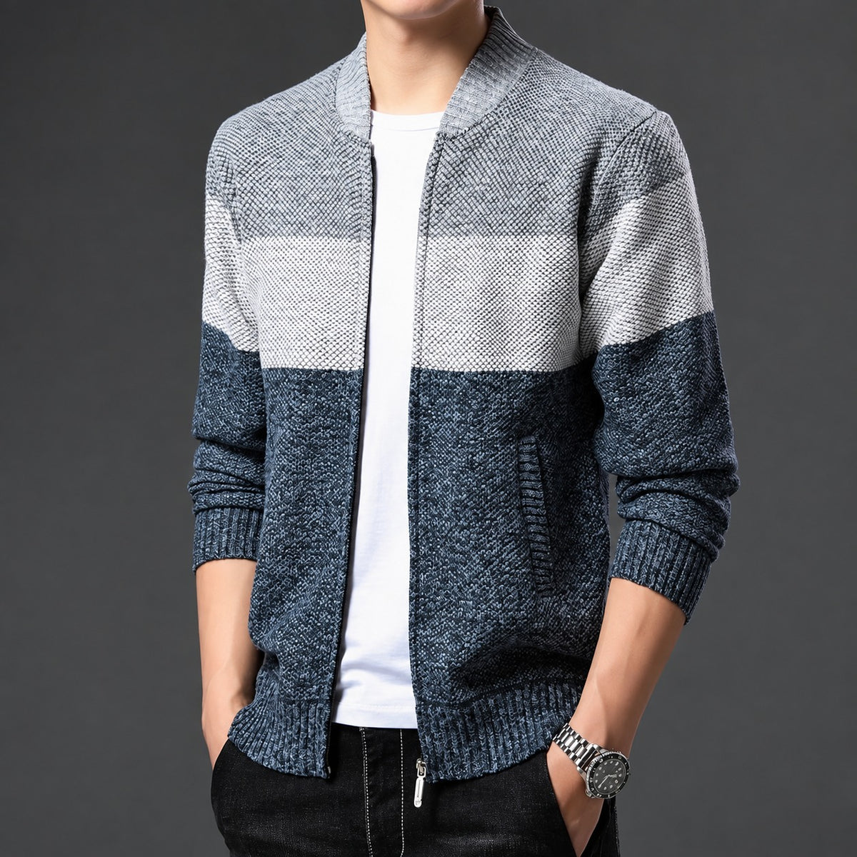 Jaqueta bomber masculina com fechamento de zíper e design color block