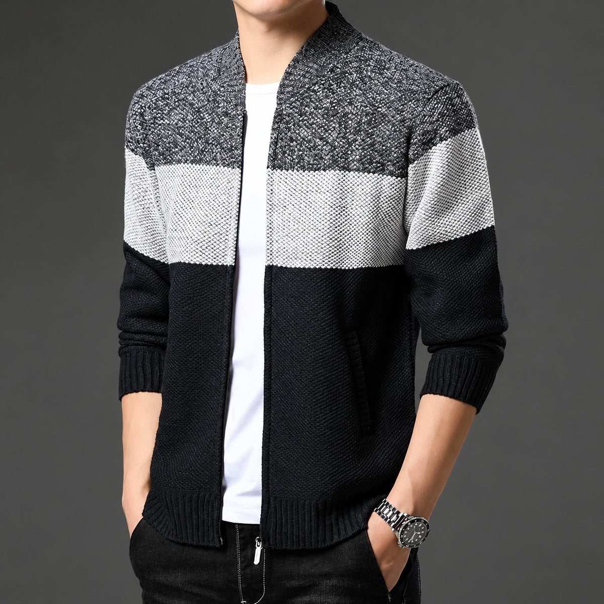 Jaqueta bomber masculina com fechamento de zíper e design color block