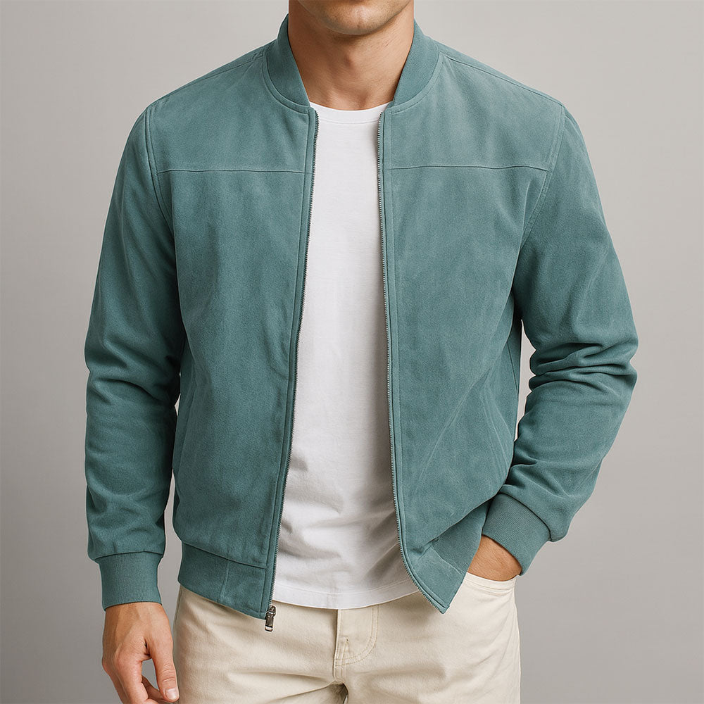 Jaqueta bomber masculina com fechamento por zíper, punhos canelados e corte relaxado
