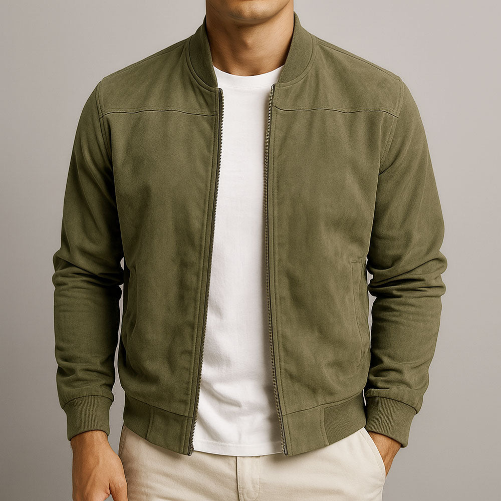 Jaqueta bomber masculina com fechamento por zíper, punhos canelados e corte relaxado