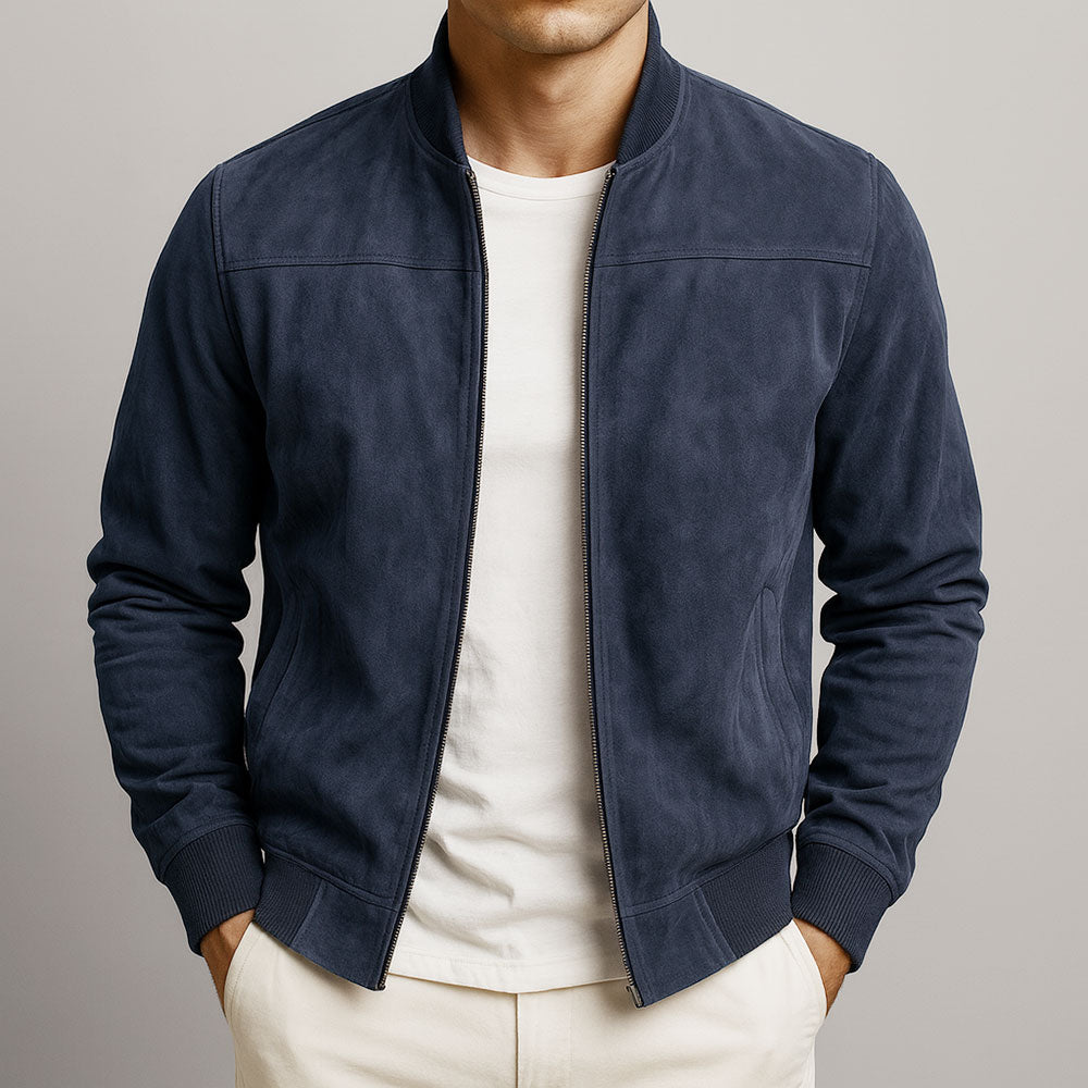 Jaqueta bomber masculina com fechamento por zíper, punhos canelados e corte relaxado