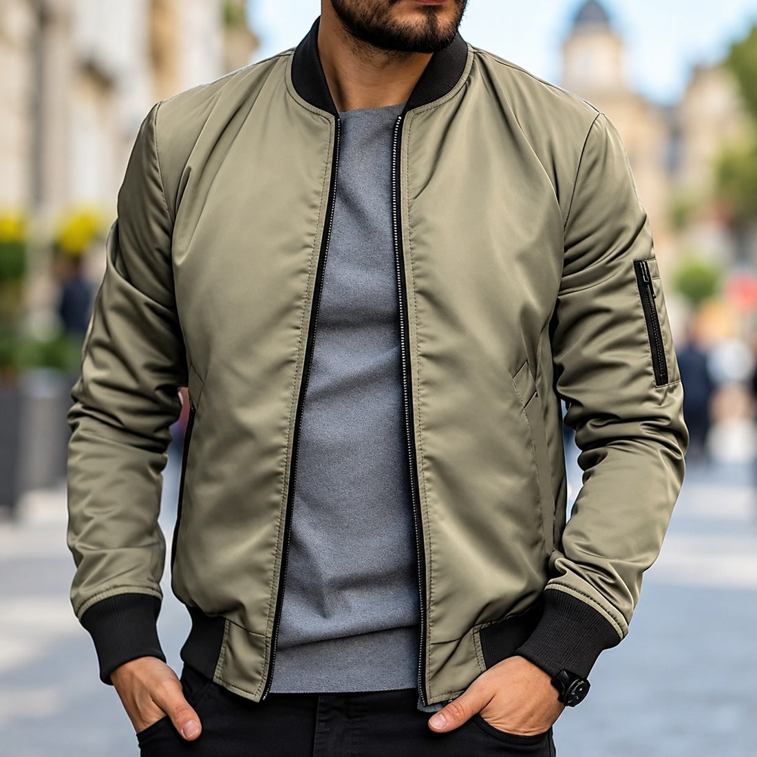 Jaqueta bomber masculina corte clássico com punhos canelados e zíper