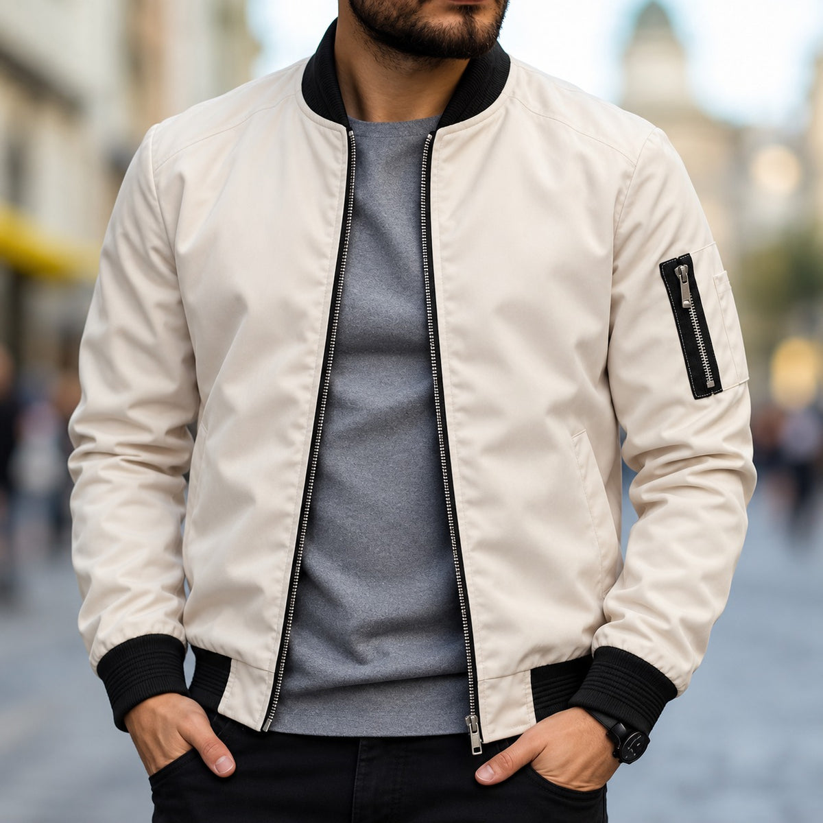 Jaqueta bomber masculina corte clássico com punhos canelados e zíper