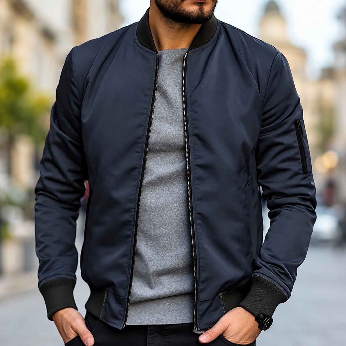 Jaqueta bomber masculina corte clássico com punhos canelados e zíper