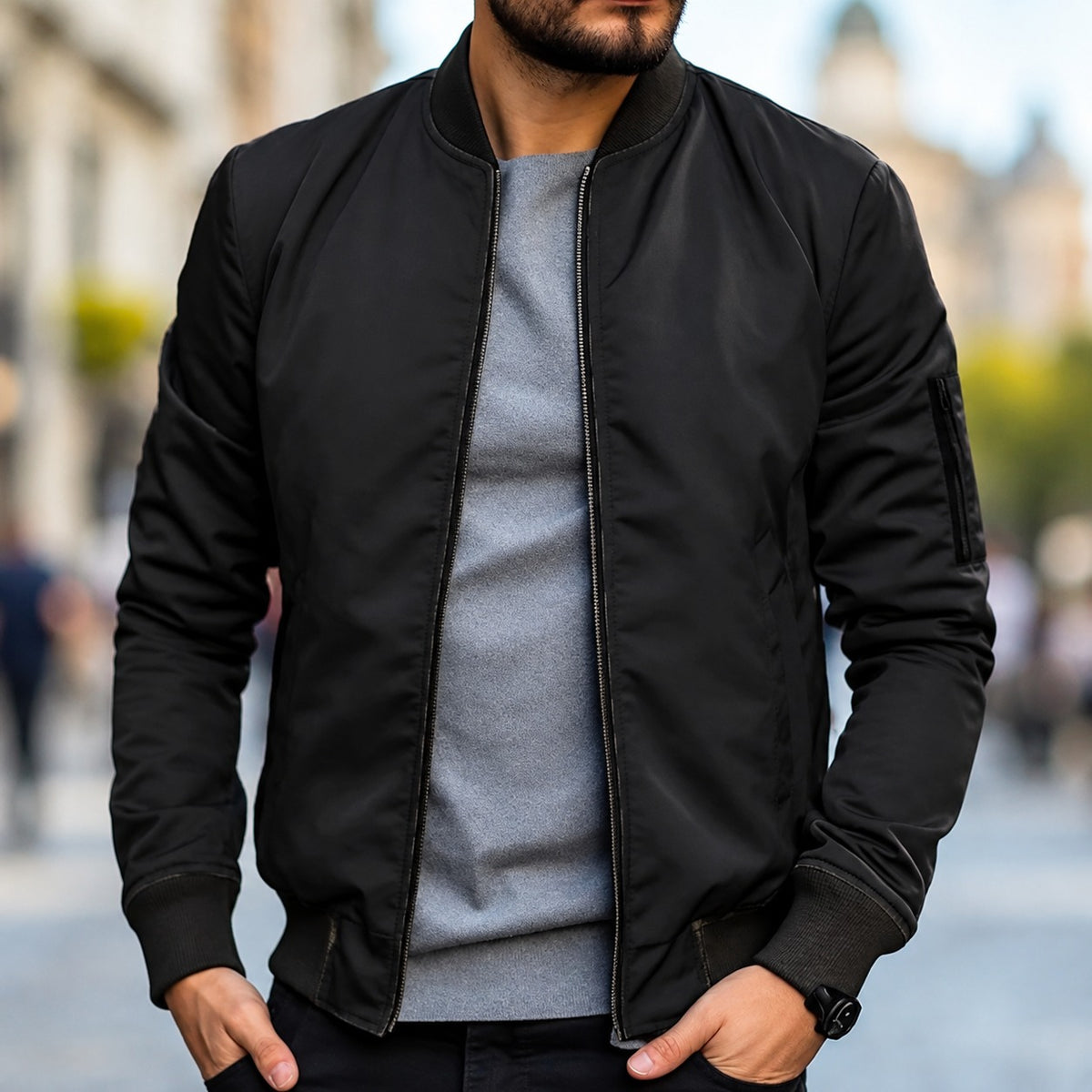 Jaqueta bomber masculina corte clássico com punhos canelados e zíper