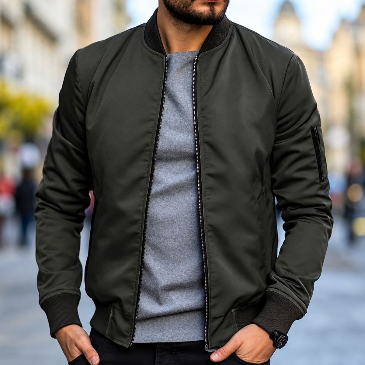 Jaqueta bomber masculina corte clássico com punhos canelados e zíper