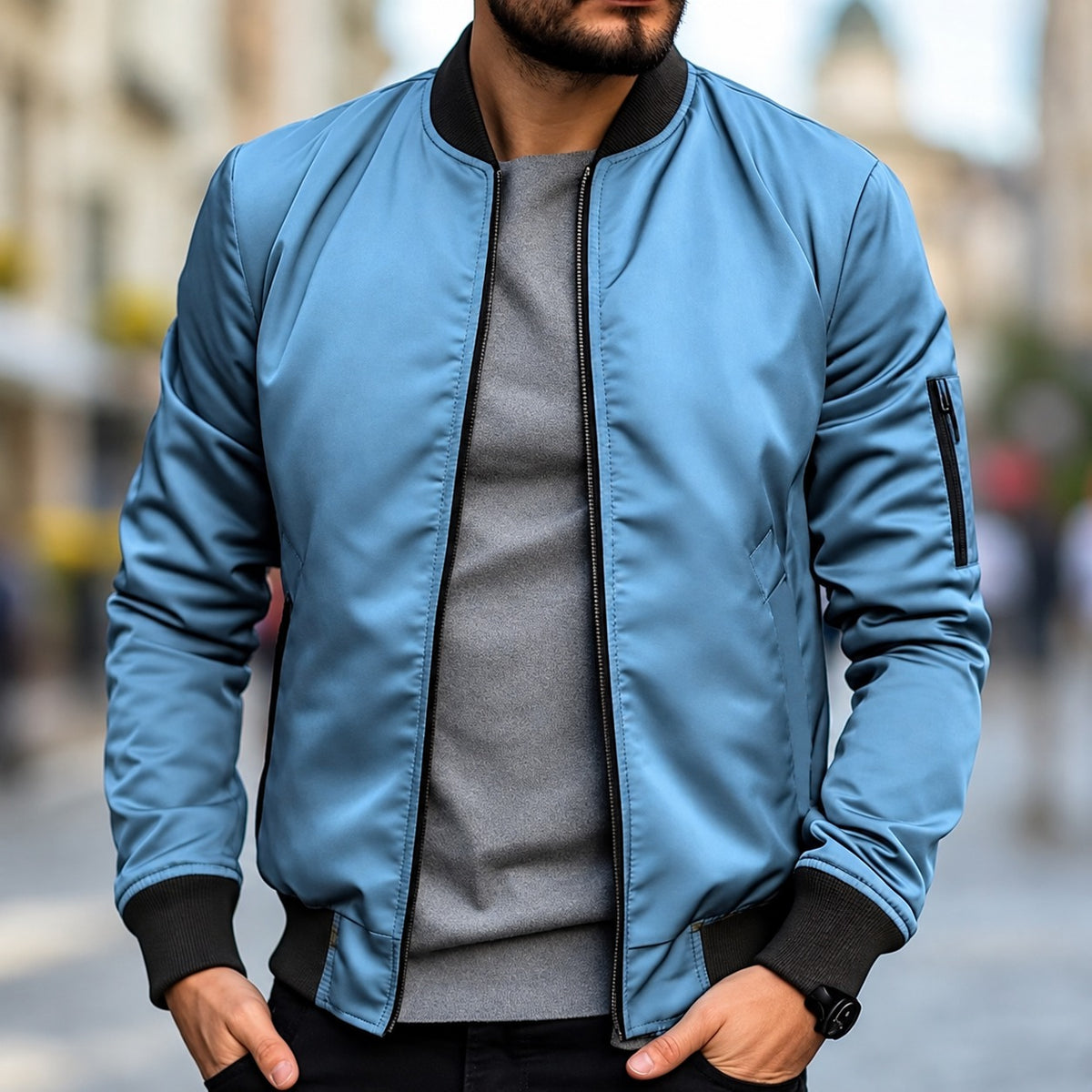 Jaqueta bomber masculina corte clássico com punhos canelados e zíper